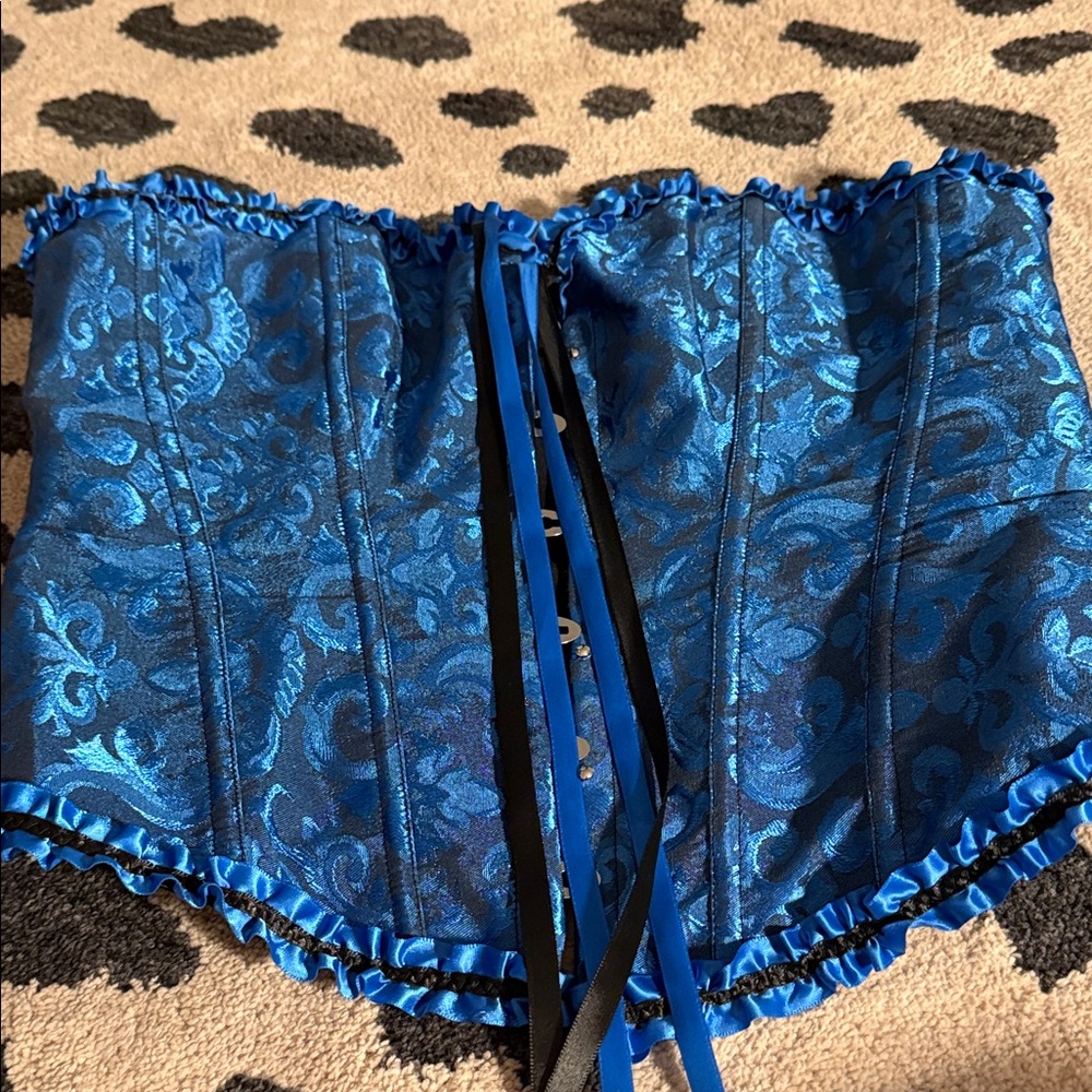 Blue Brocade Corset with Black Ribbon